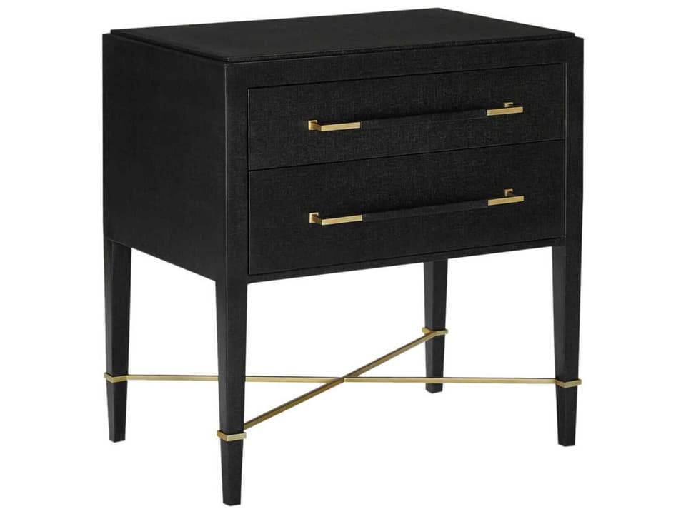 Currey and Company Verona Black Lacquered Linen Nightstand with Champagne Accents