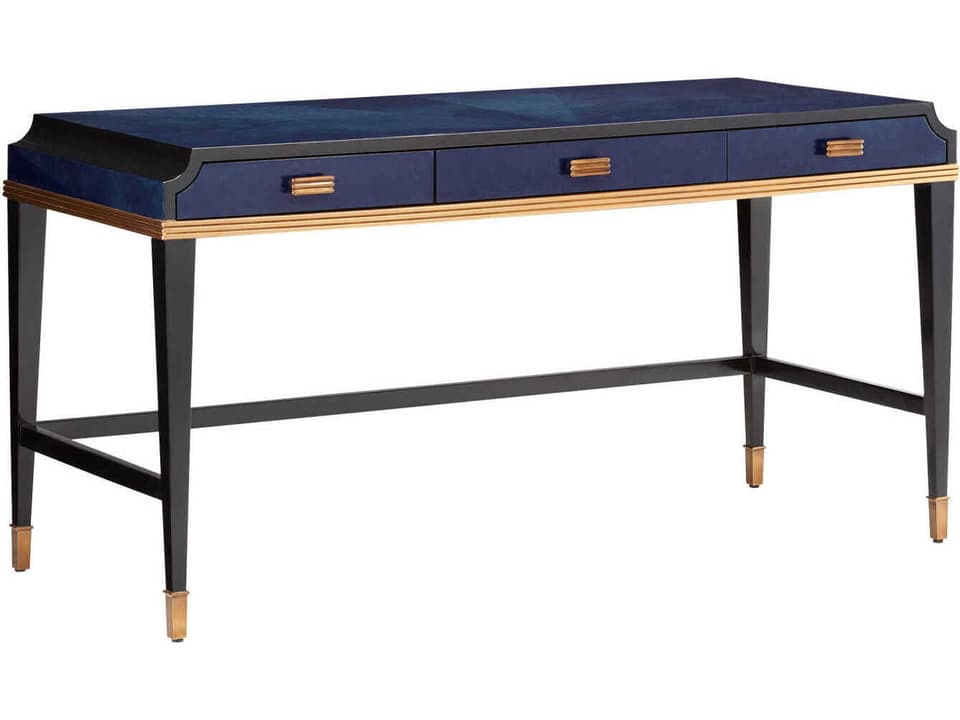 Currey and Company Kallista Large Blue Desk in Dark Sapphire and Antique Brass