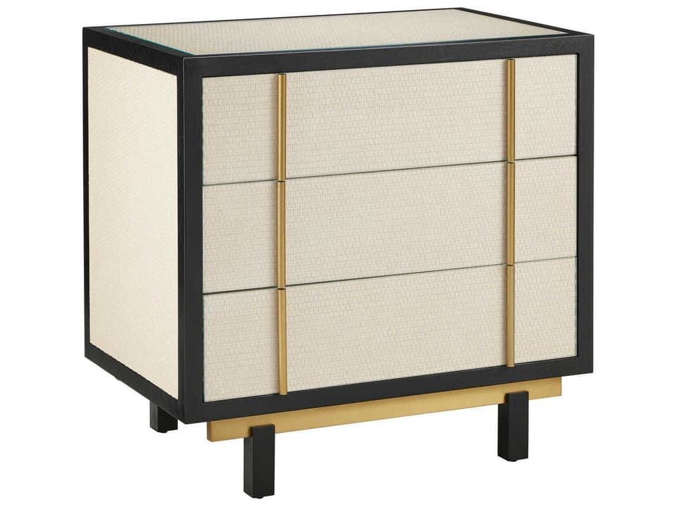 Currey and Company Deanna Raffia Nightstand in Black and Ivory with Brushed Brass