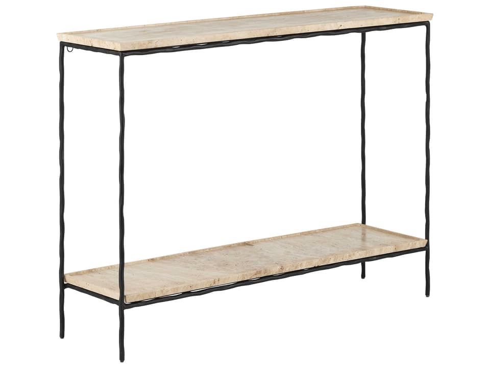Currey and Company Boyles Travertine Console Table in Natural and Black