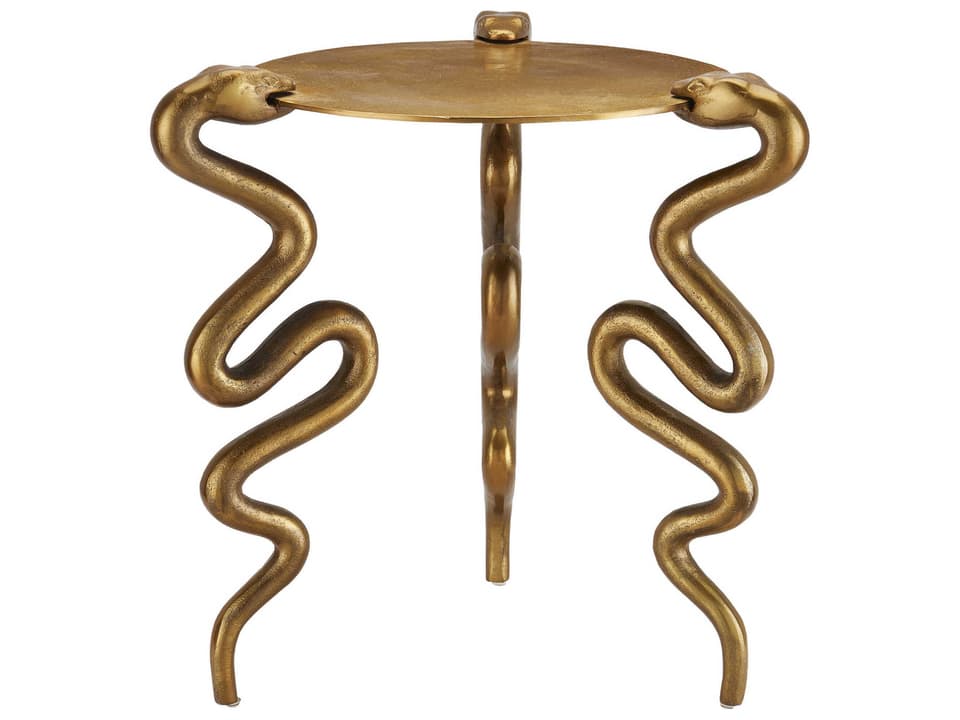 Currey and Company Serpent Round Cast Aluminum End Table in Antique Brass