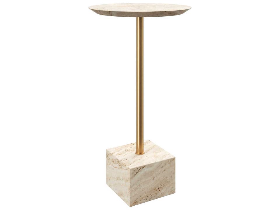 Currey and Company Prado Round Drinks Table in Travertine and Polished Brass