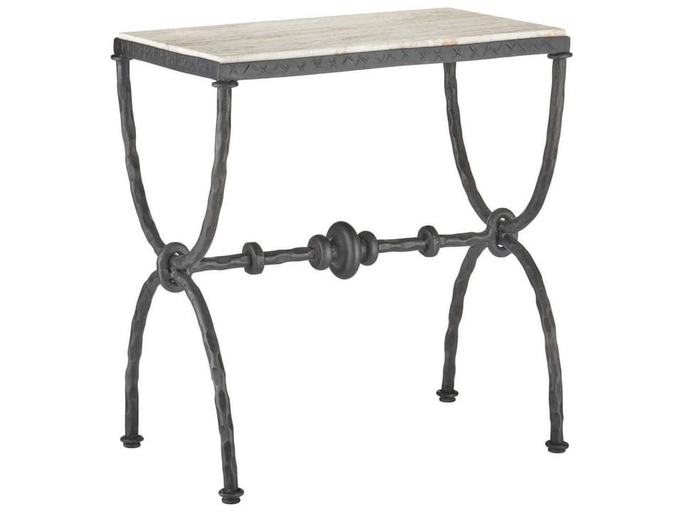 Currey and Company Agora Rectangle Side Table White Travertine and Rustic Bronze