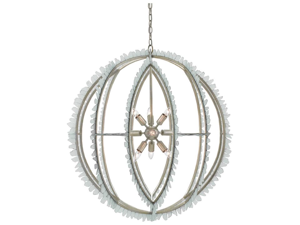 Currey and Company 9-Light Saltwater Orb Chandelier in Silver Leaf and Seaglass
