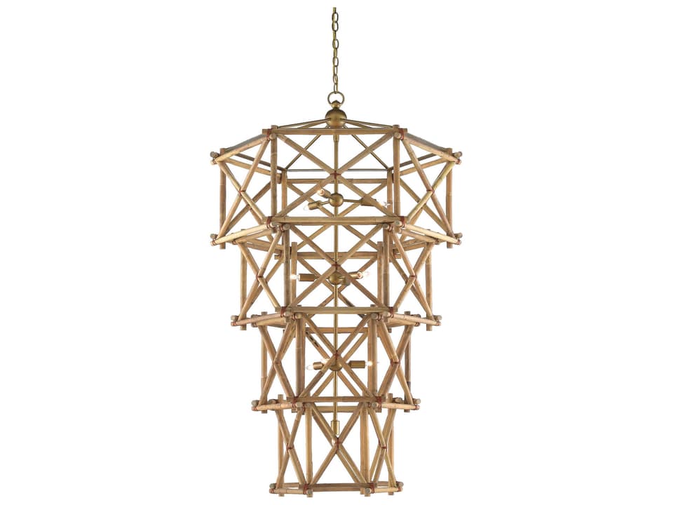 Currey and Company 10-Light Kingali Grande Chandelier in Natural Rattan and New Brass