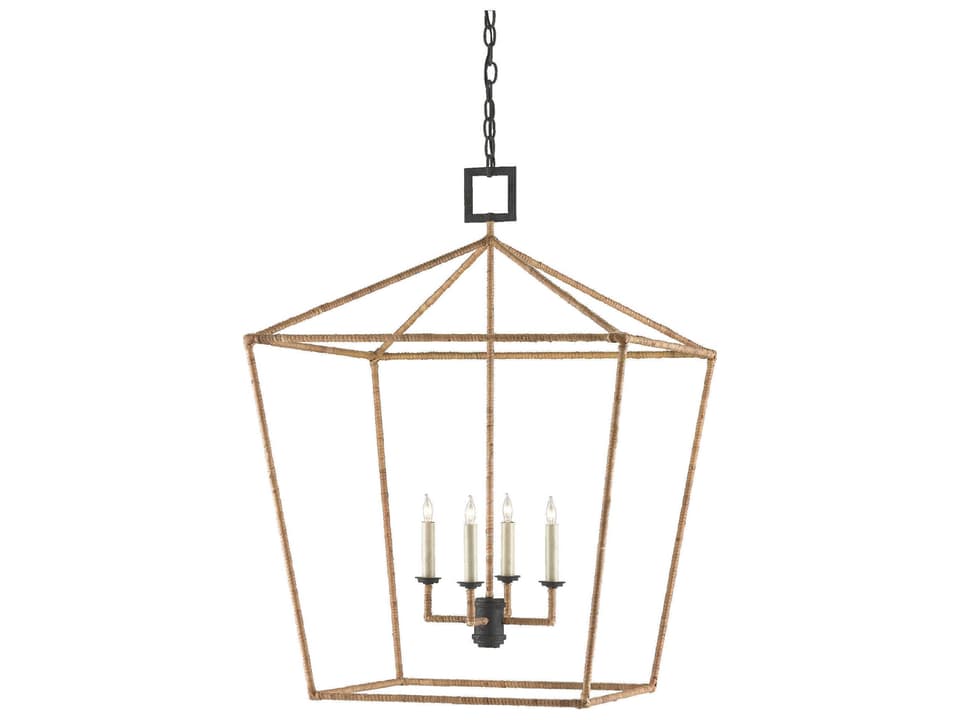 Currey and Company Denison 4-Light Lantern Pendant in Mole Black and Natural Rattan