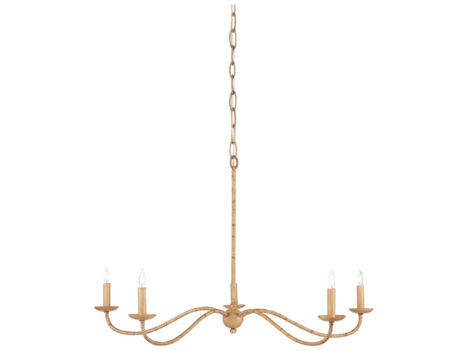 Currey and Company 5-Light Saxon Chandelier in Saddle Tan with Natural Rattan