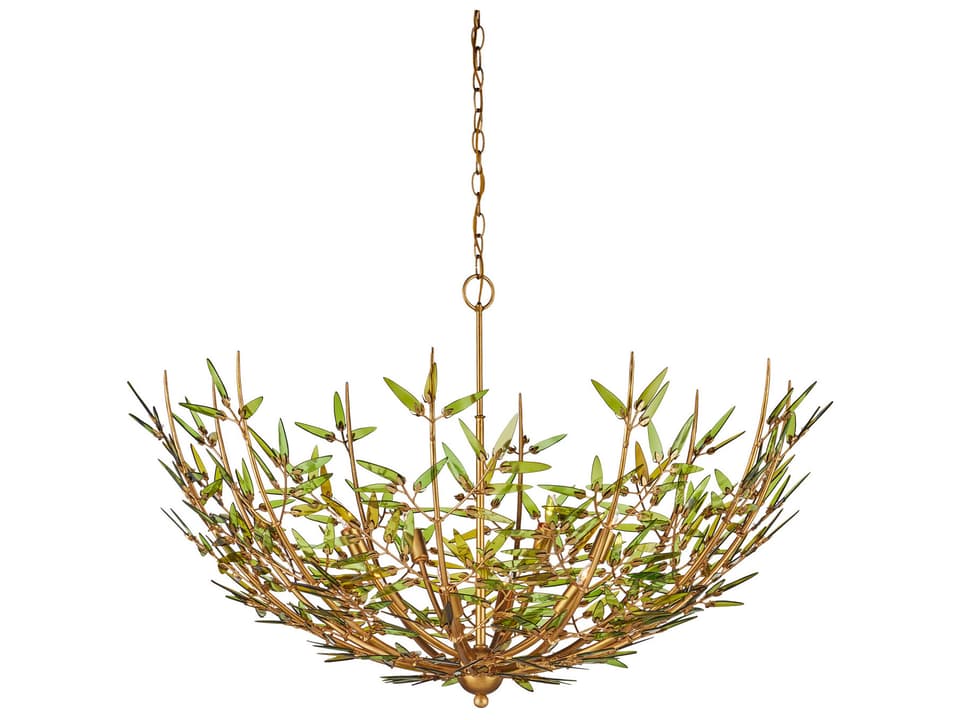 Currey and Company 8-Light Babylon Chandelier with Green Glass and Contemporary Gold Leaf