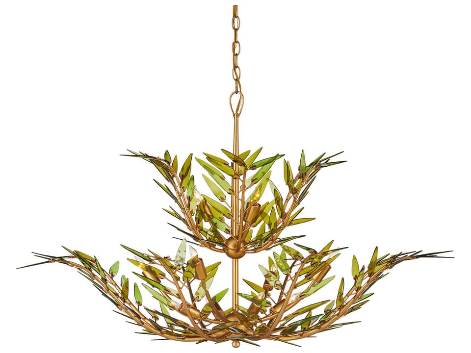 Currey and Company 11-Light Babylon Chandelier in Green and Contemporary Gold Leaf