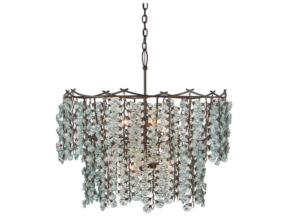 Currey and Company 6-Light Herbary Chandelier in Bronze with Recycled Glass Leaves