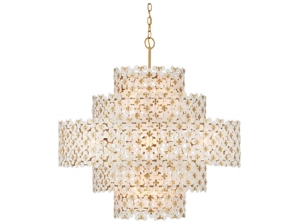 Currey and Company 12-Light Spring Flower Chandelier in Frosted Glass and Brass
