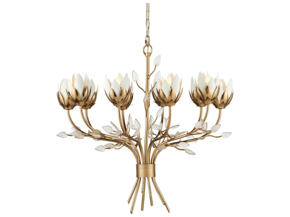 Currey and Company 10-Light Star Magnolia Chandelier in Antique Brass and White