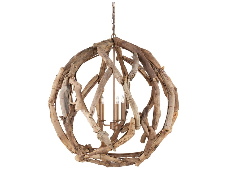 Currey and Company 3-Light Driftwood Orb Chandelier in Natural Washed Driftwood