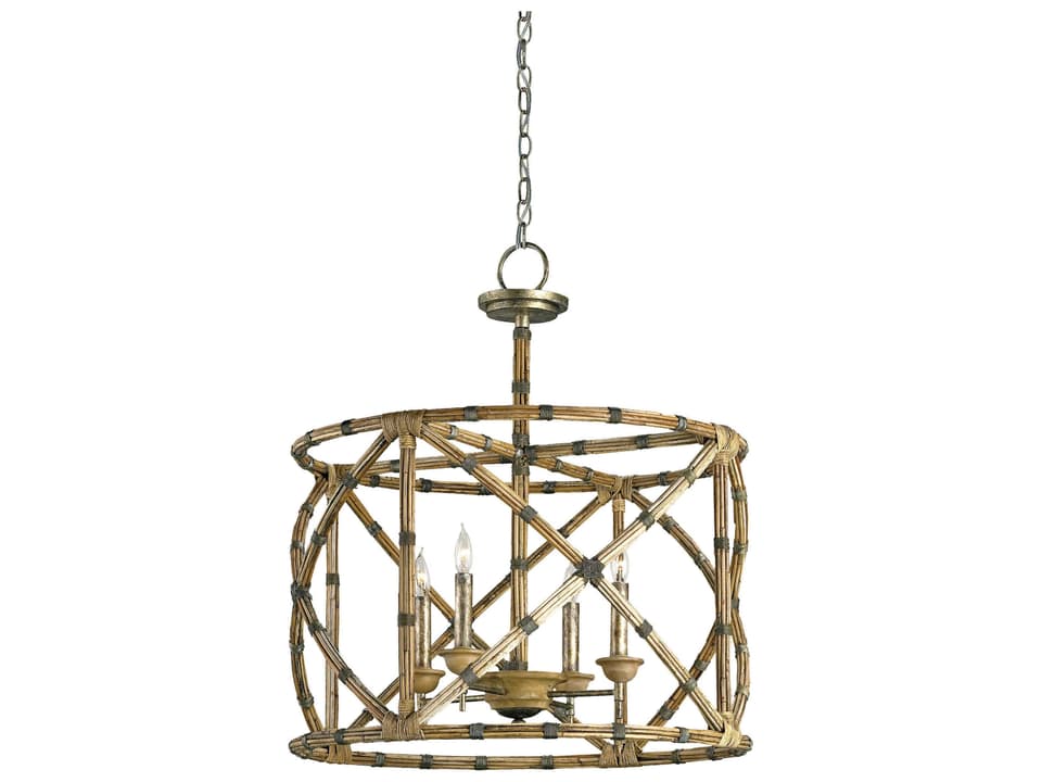 Currey and Company Palm Beach 4-Light Lantern Pendant Light in Pyrite Bronze and Washed Wood