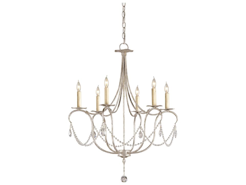 Currey and Company 6-Light Crystal Lights Chandelier in Silver Leaf with Crystal Accents