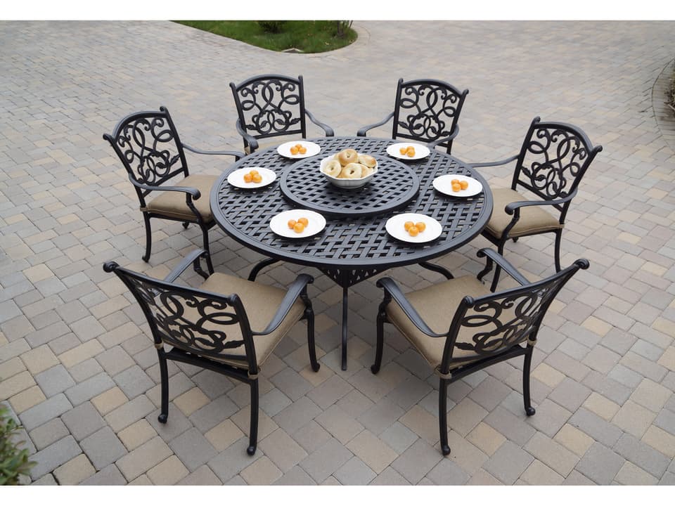 Santa Monica Cast Aluminum 8-Piece Dining Set with Cushions and 60'' Round Dining Table and Lazy Susan