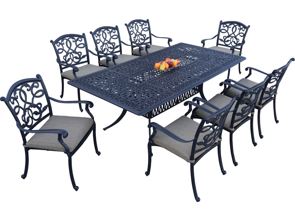 Santa Monica Cast Aluminum 9-Piece Dining Set with Cushions and 44 x 84'' Rectangular Dining Table