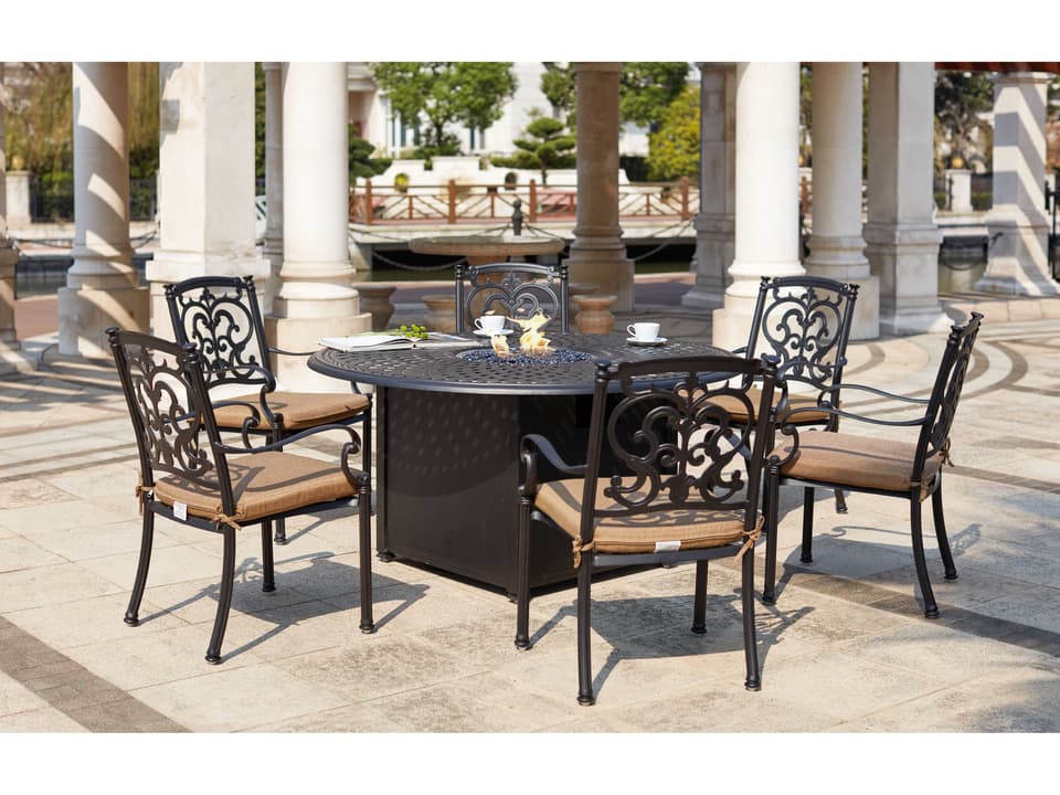 Santa Barbara 7 Piece Cast Aluminum Fire Pit Dining Set in Antique Bronze