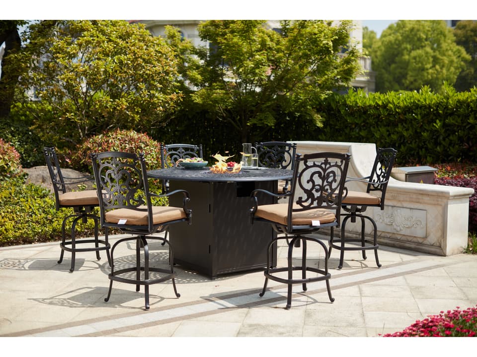 Santa Barbara Cast Aluminum Antique Bronze 7 Piece Fire Pit Counter Set