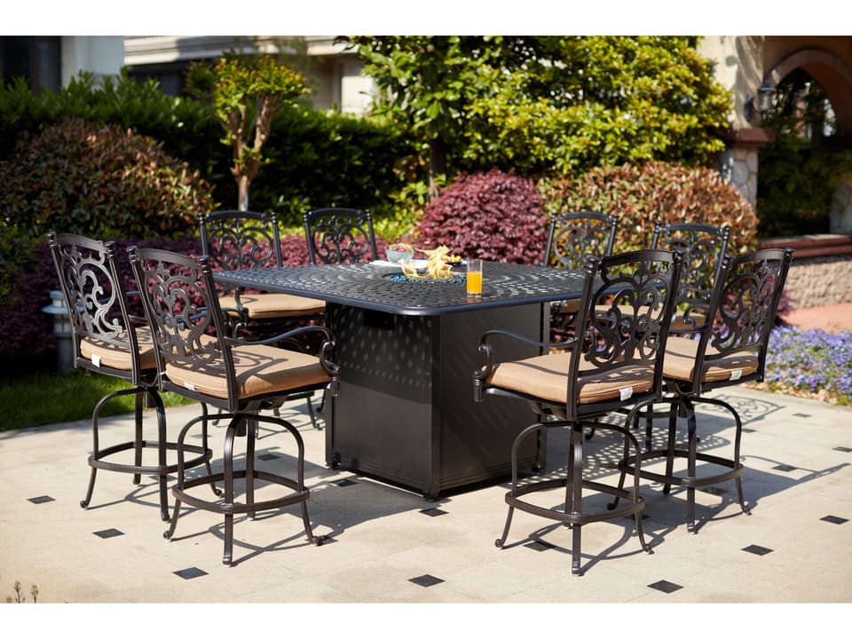 Santa Barbara 9 Piece Cast Aluminum Fire Pit Counter Set in Antique Bronze