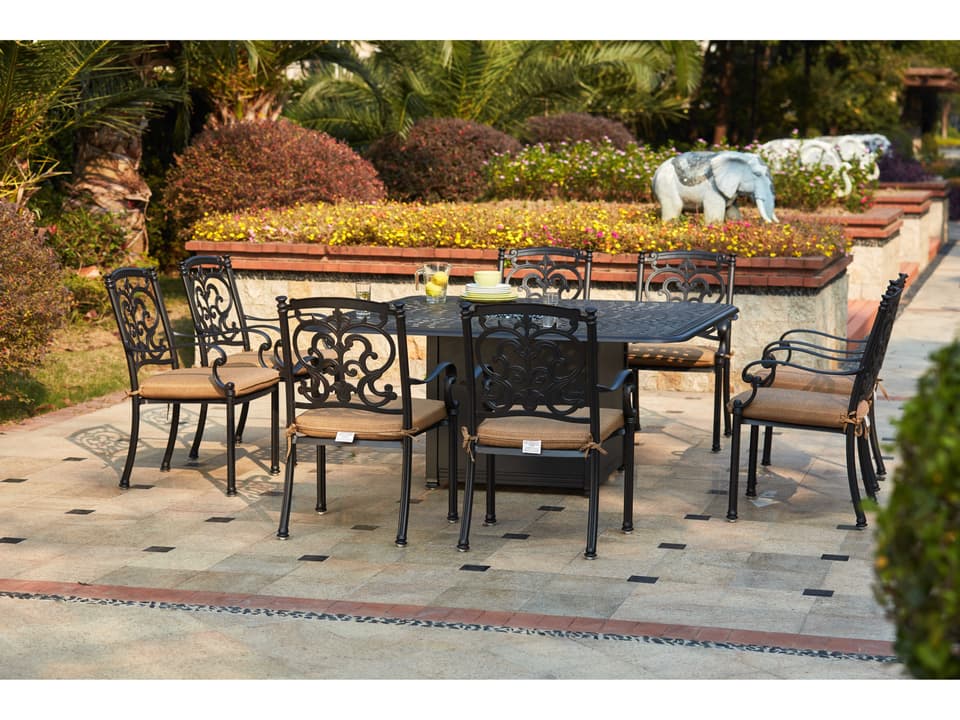 Santa Barbara 9 Piece Cast Aluminum Fire Pit Dining Set in Antique Bronze