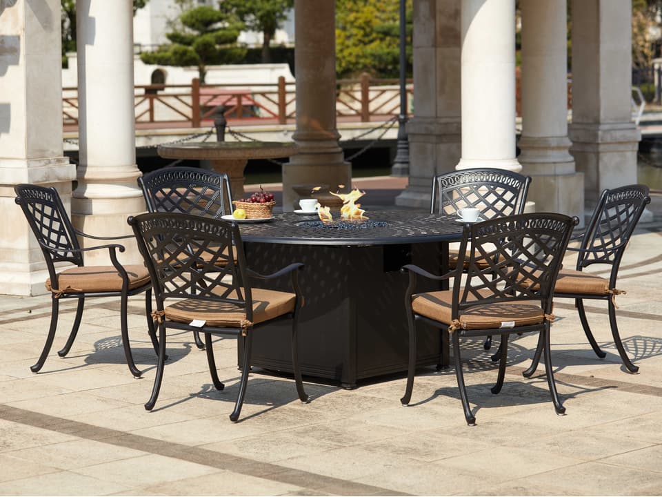 Darlee Sedona Cast Aluminum 7 Piece Fire Pit Dining Set in Antique Bronze