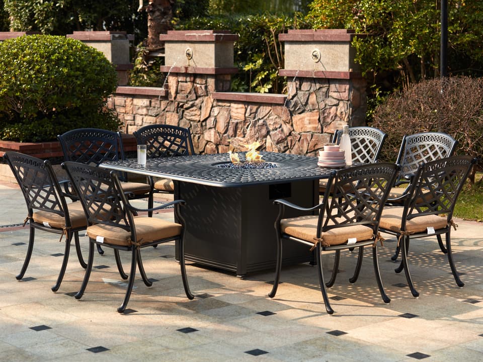 Sedona 9 Piece Square Fire Pit Dining Set in Antique Bronze