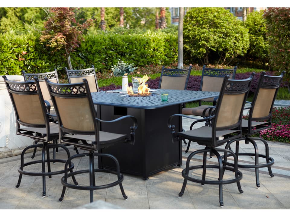 Mountain View Sling 9 Piece Fire Pit Counter Set in Antique Bronze