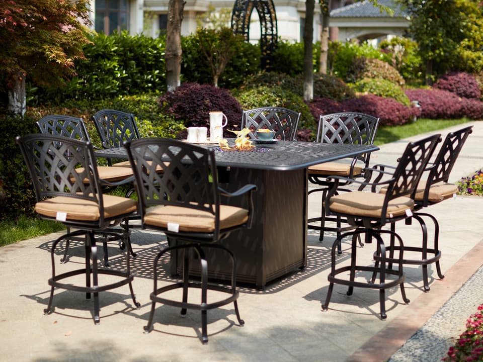 Ocean View 9 Piece Cast Aluminum Fire Pit Counter Set in Antique Bronze