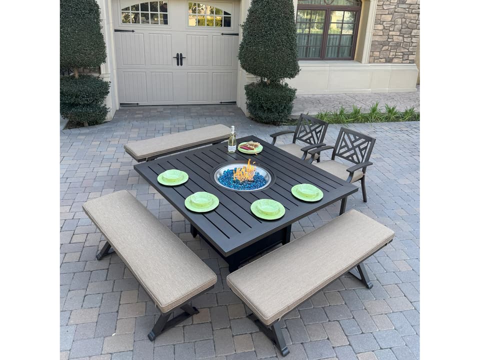 Brooklyn 6-Piece Aluminum 60-Inch Square Propane Fire Pit Dining Set
