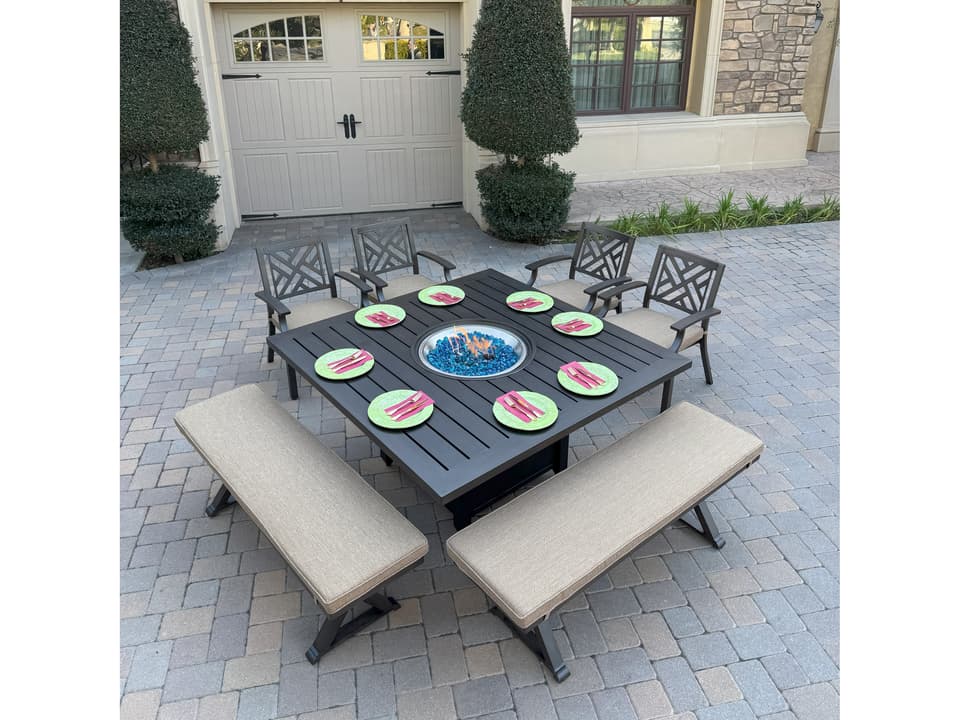 Brooklyn 7-Piece Aluminum 60-Inch Square Fire Pit Dining Set in Multi Brown