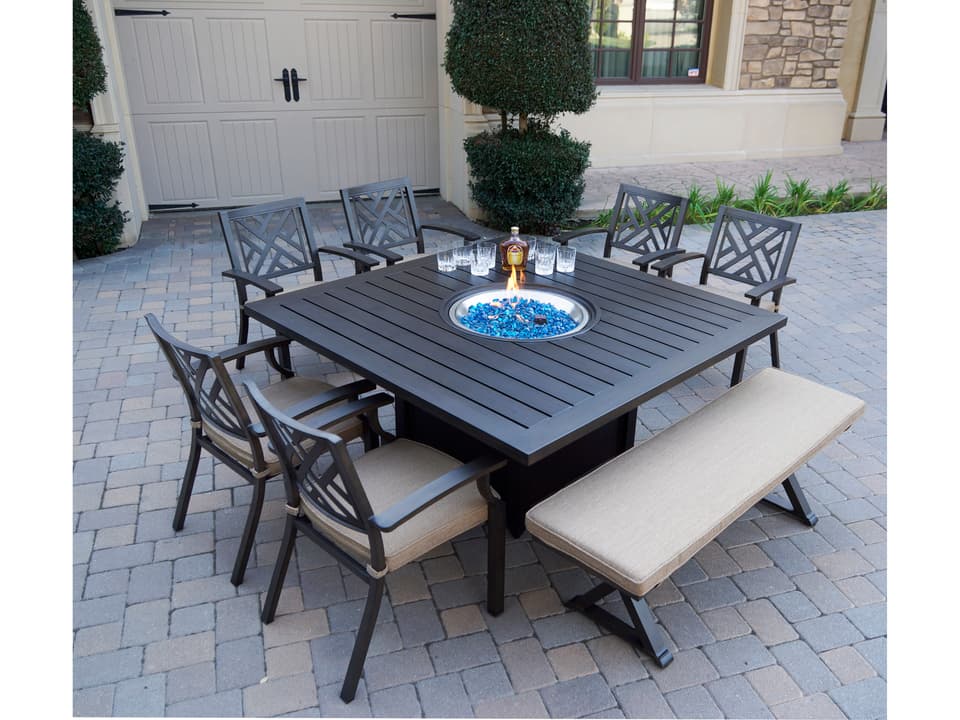 Brooklyn 60-Inch Square Aluminum 8-Piece Fire Pit Dining Set in Multi Brown