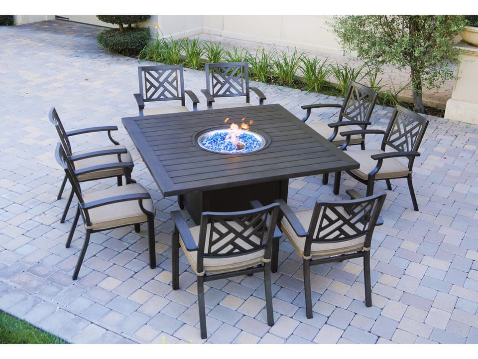 Brooklyn 9 Piece Fire Pit Dining Set with Multi-Brown Cast Aluminum Frame