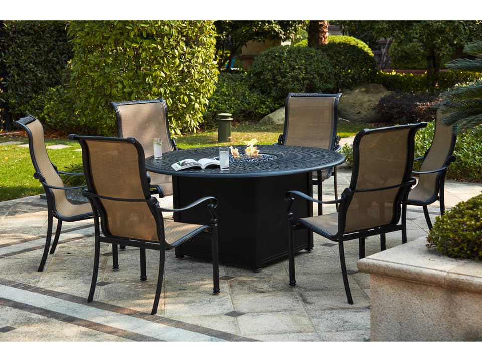 Monterey Sling Cast Aluminum 7 Piece Fire Pit Dining Set in Antique Bronze