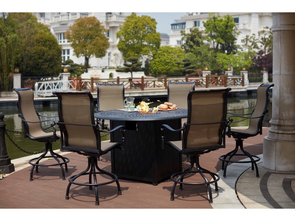 Monterey Sling Cast Aluminum 7 Piece Fire Pit Counter Set in Antique Bronze