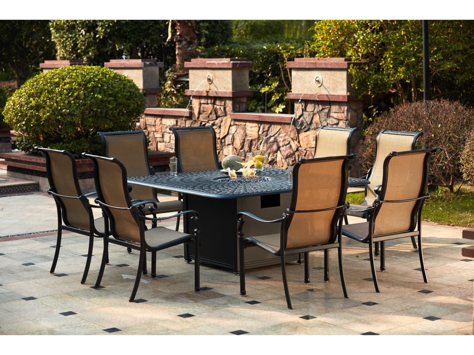 Monterey 64-Inch Square Cast Aluminum 9 Piece Fire Pit Dining Set