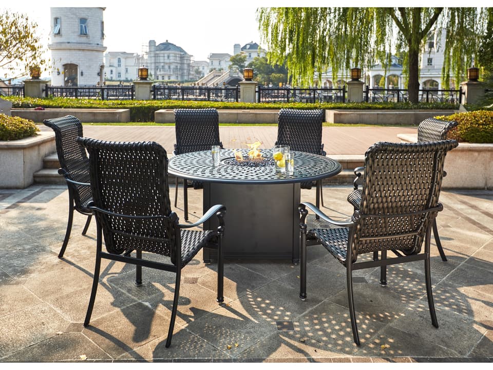 Victoria 60-Inch Round Wicker Espresso 7 Piece Fire Pit Dining Set