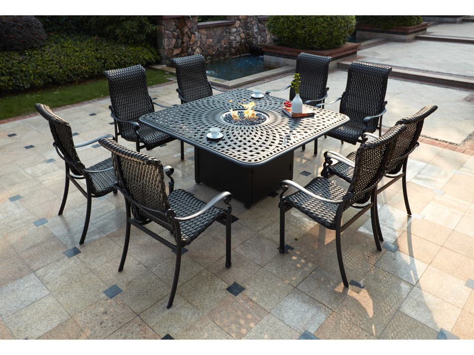 Victoria 9 Piece Fire Pit Dining Set with Wicker Chairs