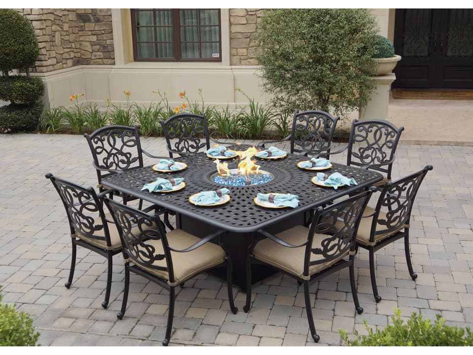 Santa Monica 9 Piece Cast Aluminum Fire Pit Dining Set in Antique Bronze