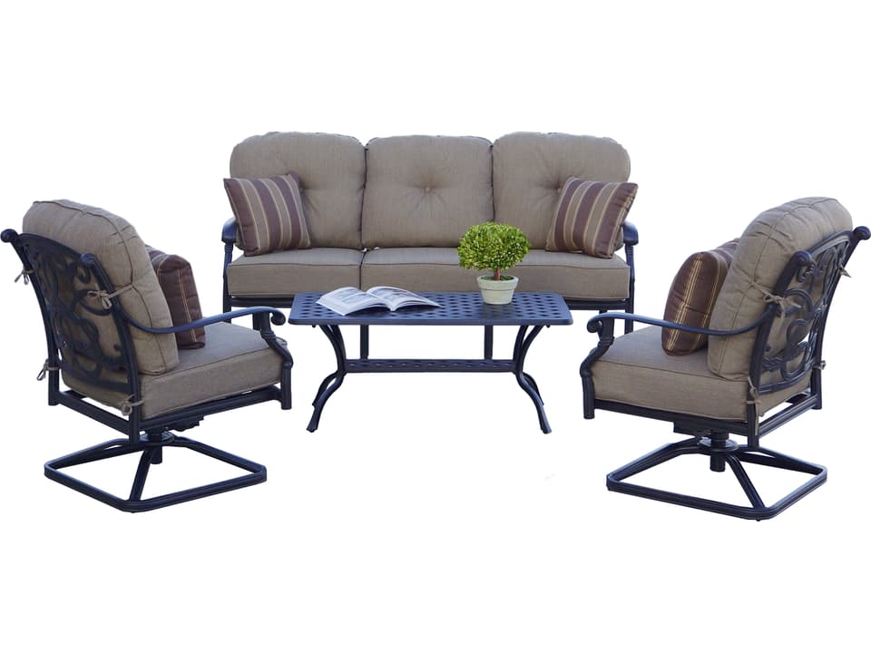 Santa Monica Cast Aluminum Antique Bronze Series 30 4 Piece Lounge Set in Sesame Cushions with 42''W x 21''D Rectangular Coffee Table