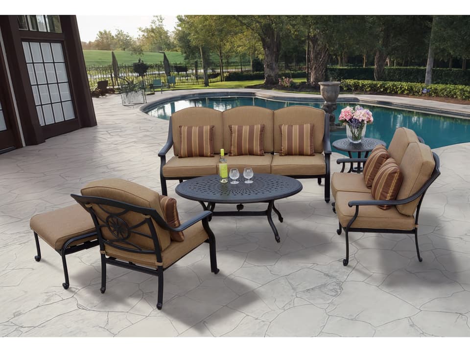 Ten Star Antique Bronze Cast Aluminum 6 Piece Lounge Set in Sesame Cushions with 46''W x 31''D Rectangular Oval Coffee Table