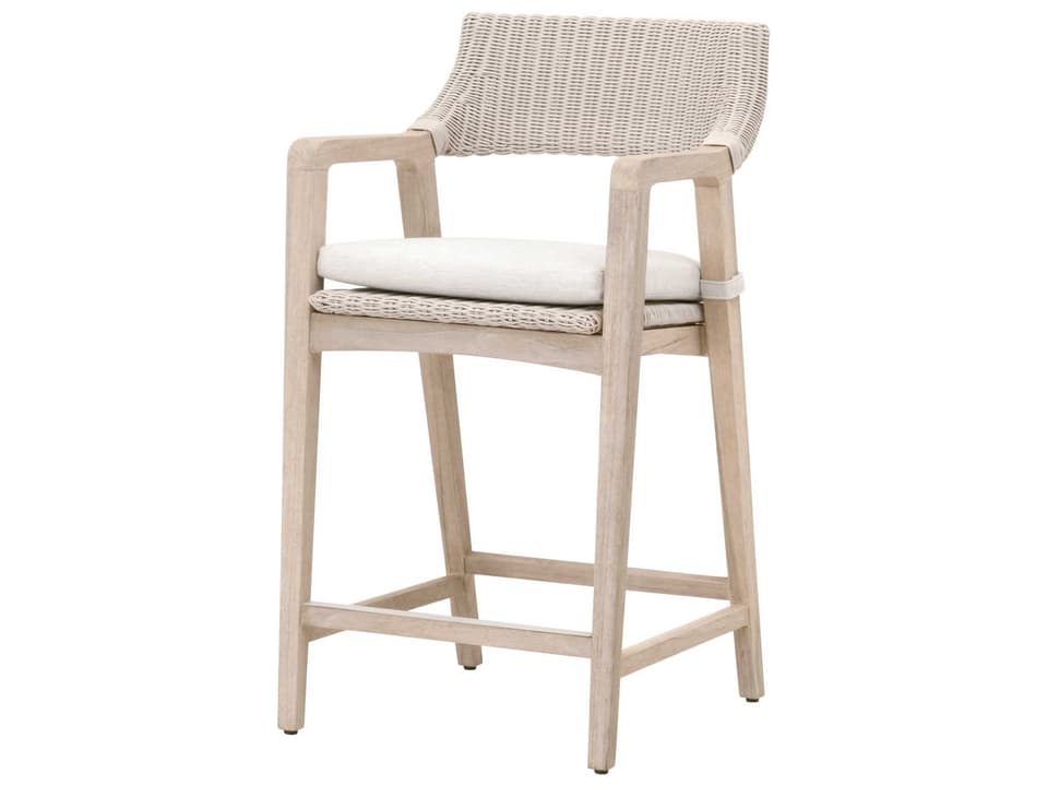 Woven Pure White Synthetic Gray Teak Counter Stool with Performance White Speckle Cushion