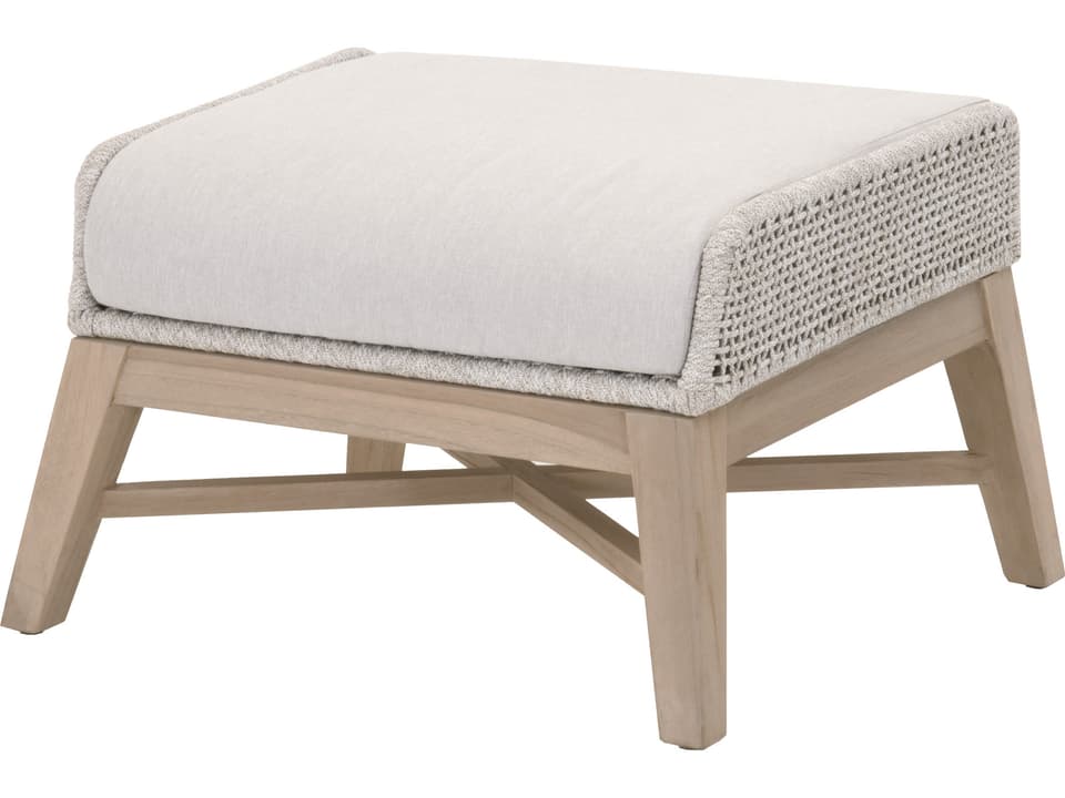 Woven Tapestry Outdoor Ottoman with Olefin Cushion and Gray Teak Frame