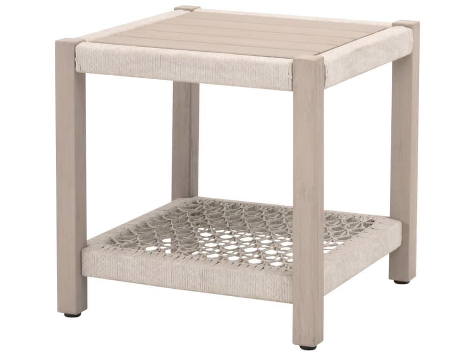 Woven Outdoor Wrap Teak Square End Table with Oat Rope in Washed Ever Teak