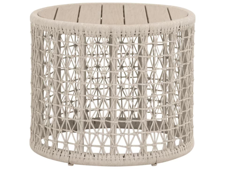 Woven Round End Table Teak Top Oat Rope Base Washed Ever Teak
