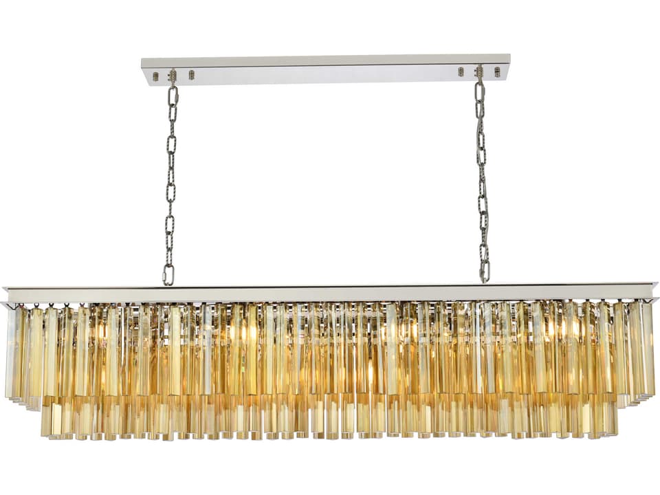 Sydney 12-Light Tiered Island Pendant in Polished Nickel with Golden Teak Crystal