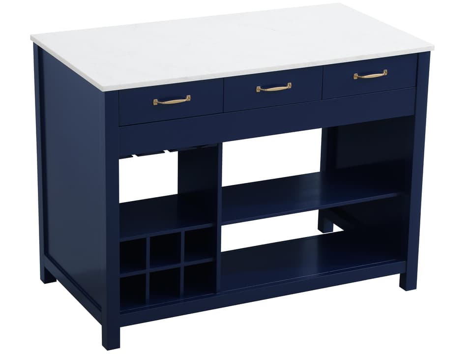 Jax 48-Inch Marble Top Wood Kitchen Island in Blue