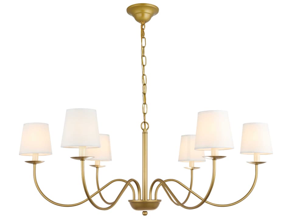 Eclipse 6-Light Chandelier in Brass with White Shades