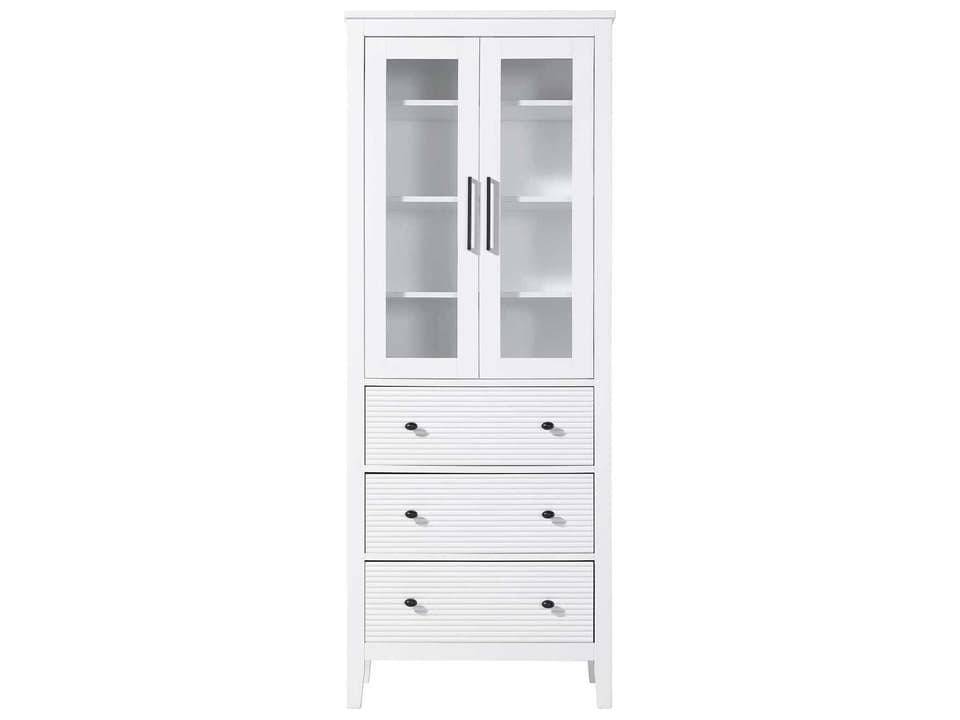 Blakely White Rubberwood Bath Storage Glass Cabinet with Fluted Doors