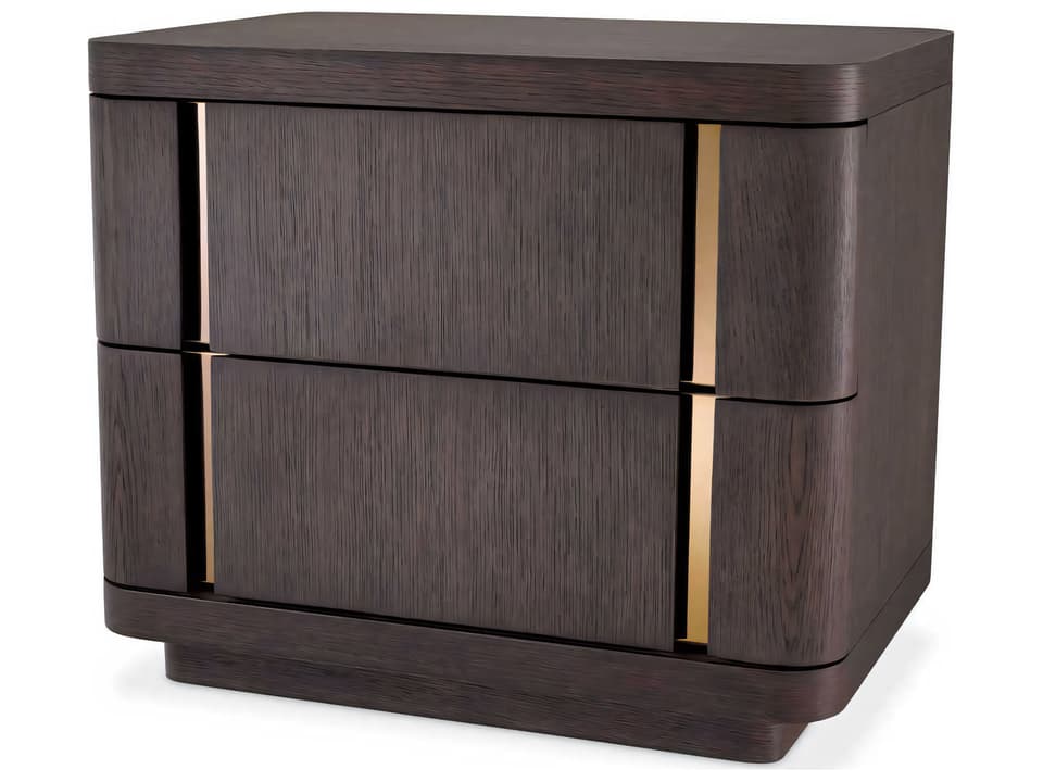 Modesto Two-Drawer Nightstand in Mocha Oak Veneer with Brushed Brass Inserts